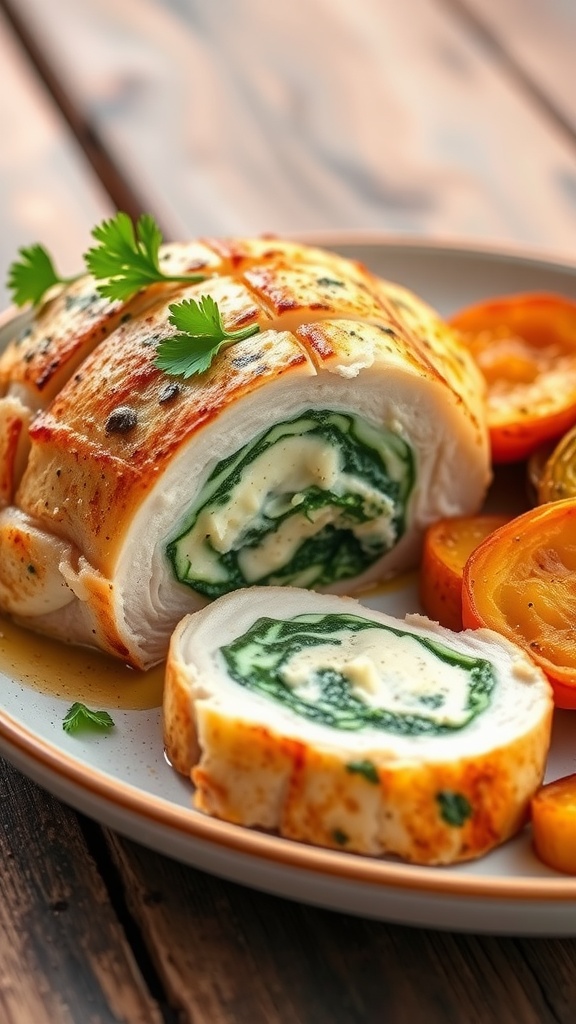 Stuffed chicken breast with spinach and cheese, garnished with parsley, on a rustic wooden table.